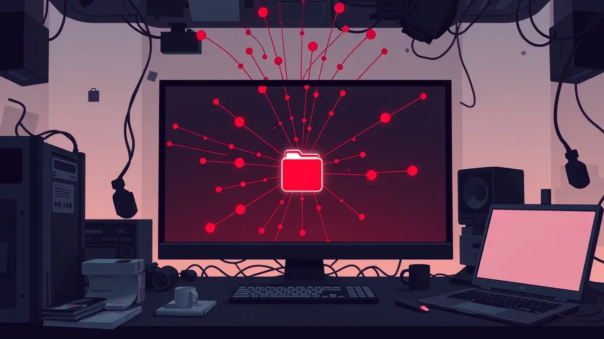 Illustration: A dark, cluttered digital workspace features a large central monitor displaying a chaotic web of red nodes and connecting lines.