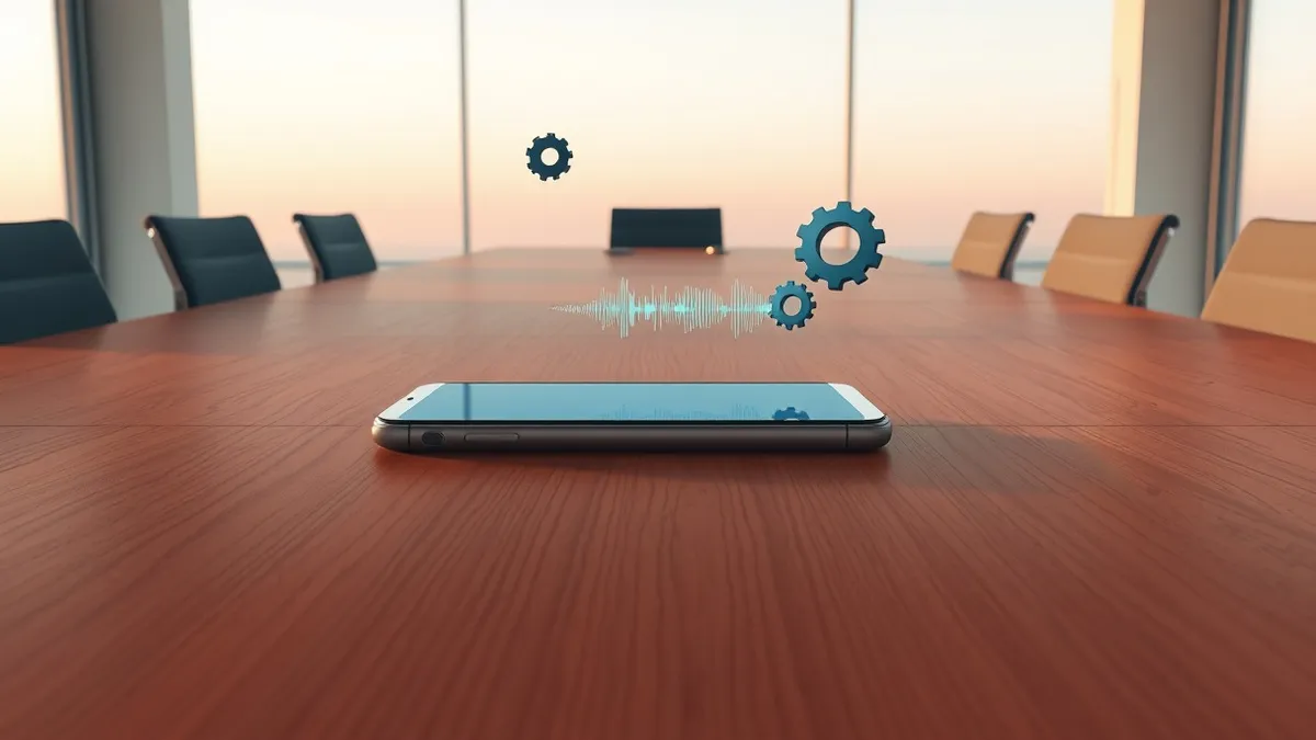 Illustration: A sleek smartphone rests on a wooden conference table, its screen glowing with abstract waveforms that represent voice data.