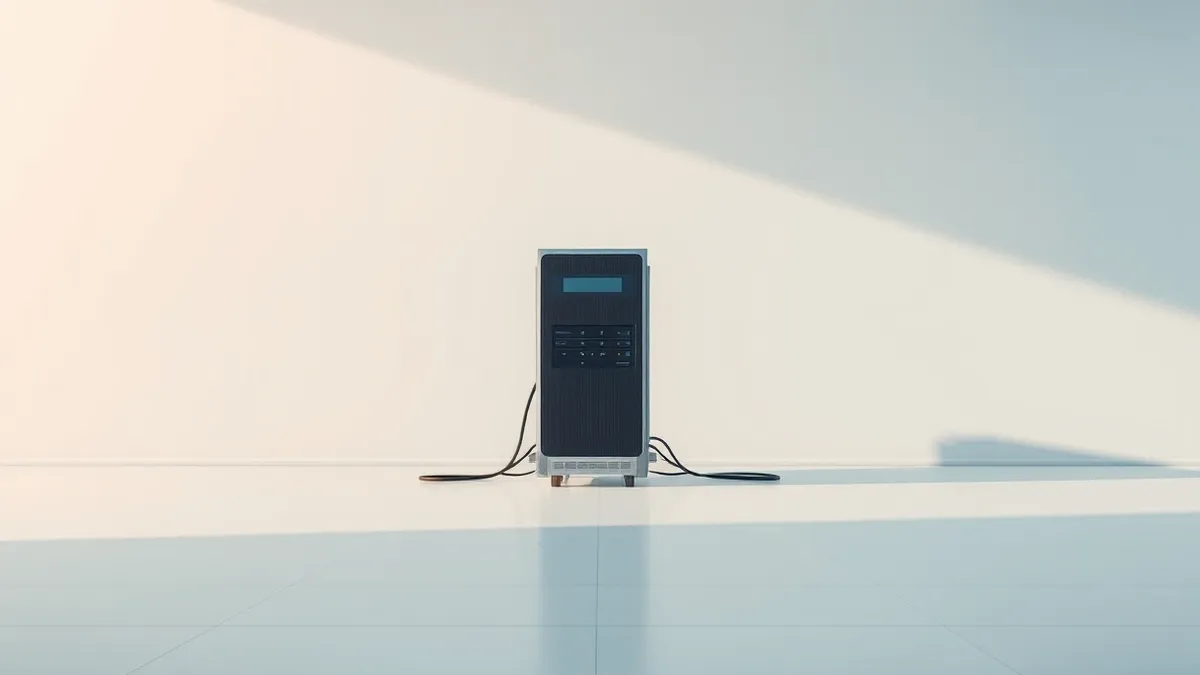 Illustration: A solitary computer server sits isolated in an empty room, completely detached from all network cables and power lines.