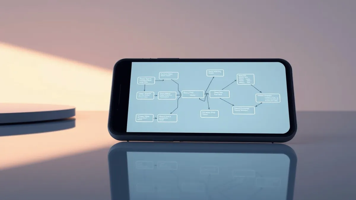 Illustration: A sleek black smartphone sits on a polished desk, its screen displaying a complex branching workflow diagram with glowing nodes and connecting arrows.