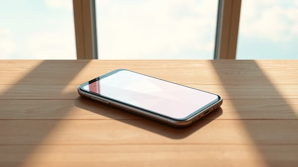 Illustration: A sleek smartphone rests on a wooden table, its screen displaying a soft, abstract geometric pattern in muted pastel colors.