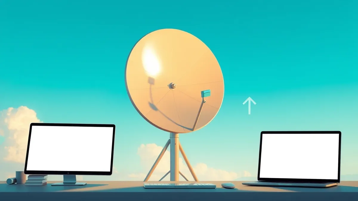 Illustration: A sleek satellite dish reflects sunlight while floating against a clear blue sky, with abstract jagged arrows pointing downward in the background to represent the sud