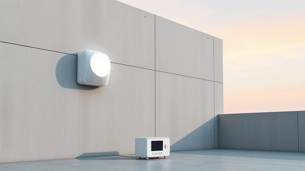 Illustration: A sleek white safety sensor mounts on a concrete wall, its lens glowing softly.