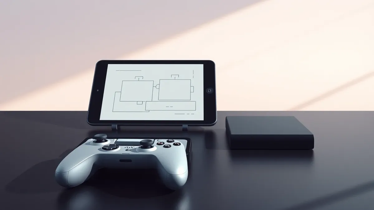 Illustration: A sleek, silver game controller rests on a dark desk beside a blank tablet displaying abstract geometric shapes.