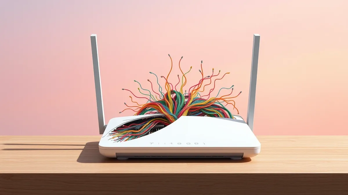 Illustration: A white wireless router sits on a plain wooden table, its smooth plastic casing cracked open to reveal a chaotic tangle of colorful circuit traces spilling out like o