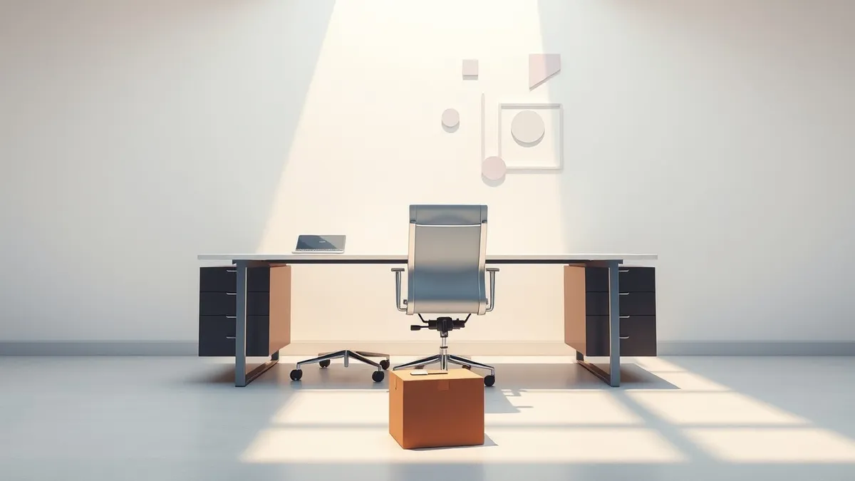 Illustration: An empty executive office chair sits before a sleek, modern desk in a bright workspace.