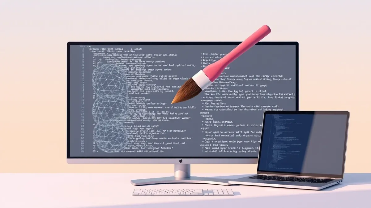 Illustration: A sleek desktop monitor displays a complex interface of interlocking geometric shapes representing code structure.