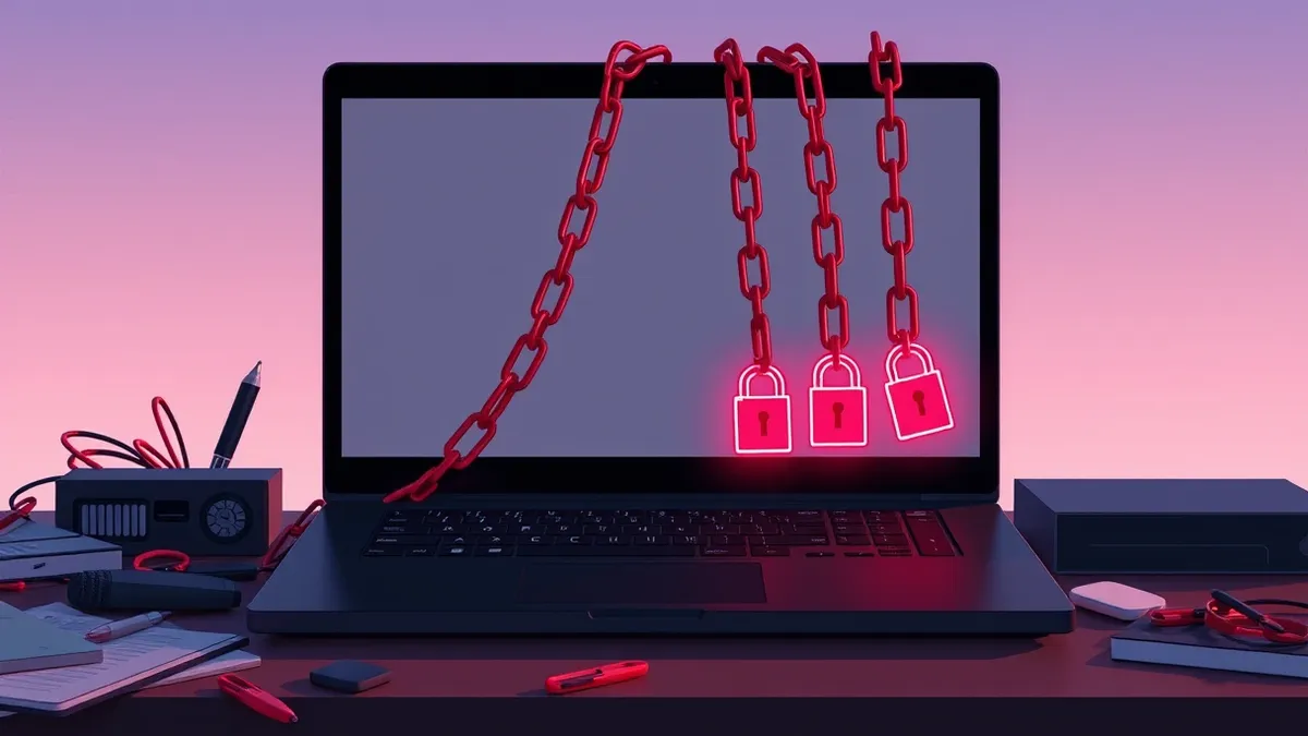 Illustration: A sleek black laptop sits on a cluttered desk with its screen displaying blank abstract shapes.