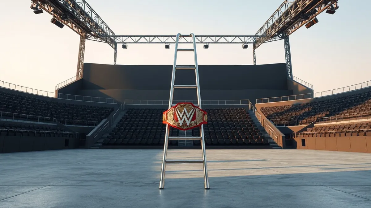 Illustration: A bright chrome ladder leans against a high steel ring post inside a vast, empty arena.