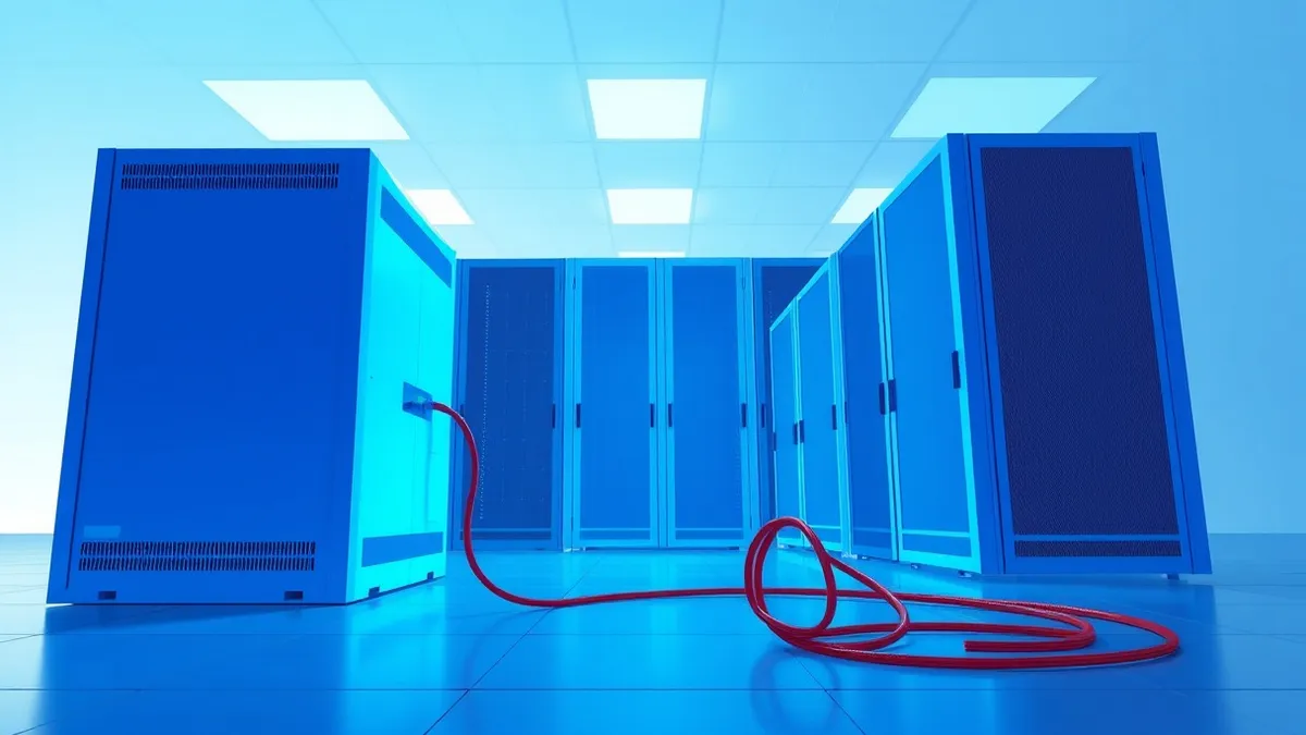 Illustration: A glowing blue server rack sits in a clean data center.
