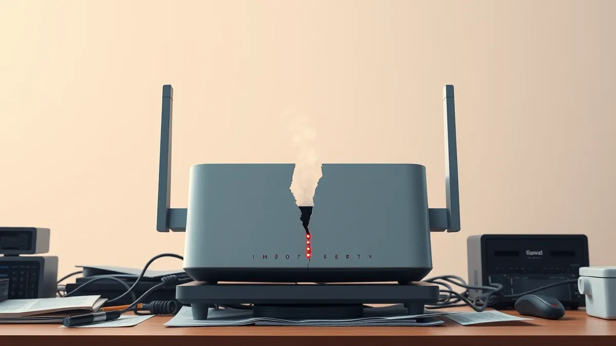 Illustration: A sleek silver network router sits on a cluttered desk, its status lights blinking erratically in red.