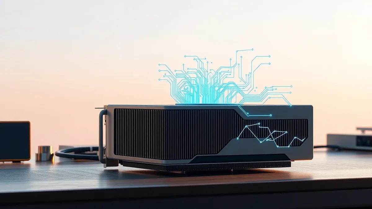 Illustration: A sleek graphics processing unit rests on a workbench, its metal casing reflecting soft studio light.
