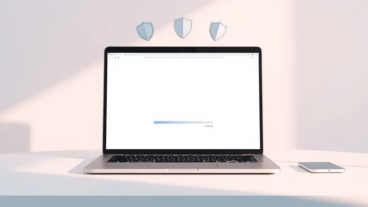 Illustration: A sleek laptop sits on a clean desk, displaying a blank browser window with a smooth loading bar.