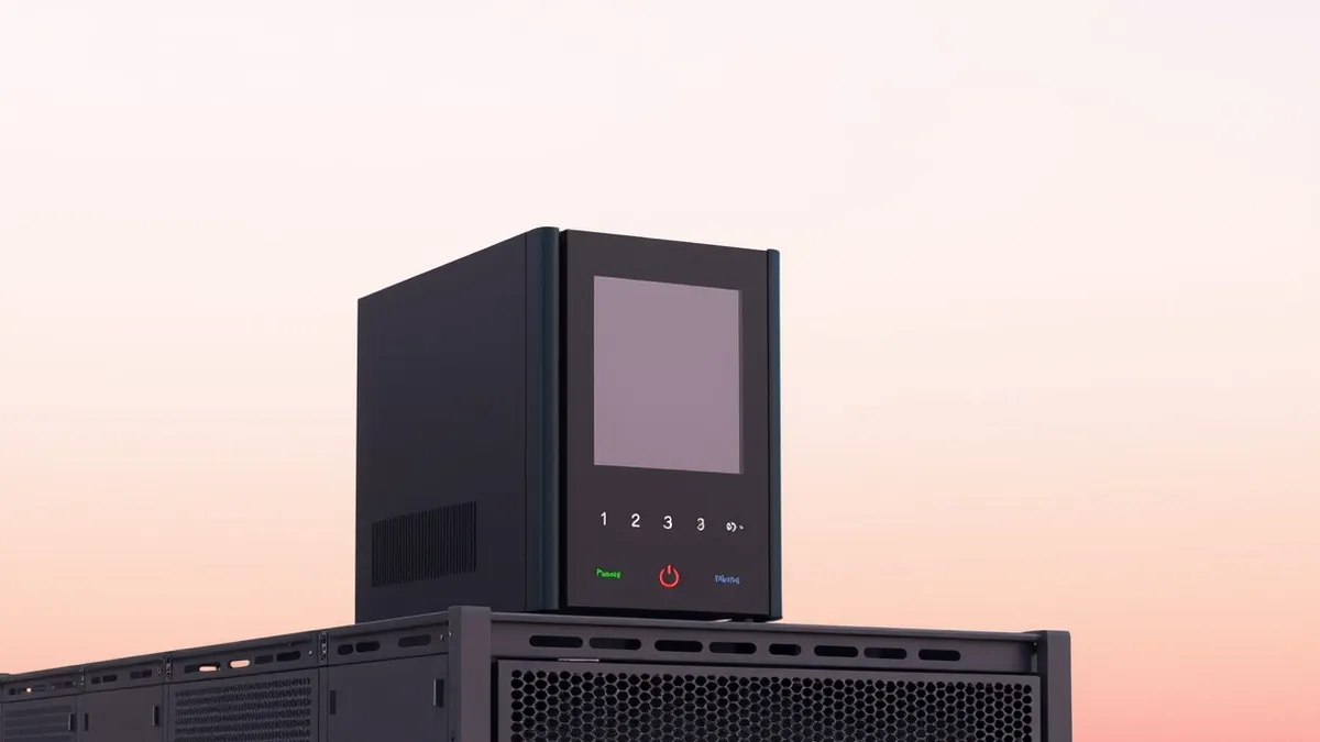 Illustration: A sleek black server appliance sits on a metal rack.