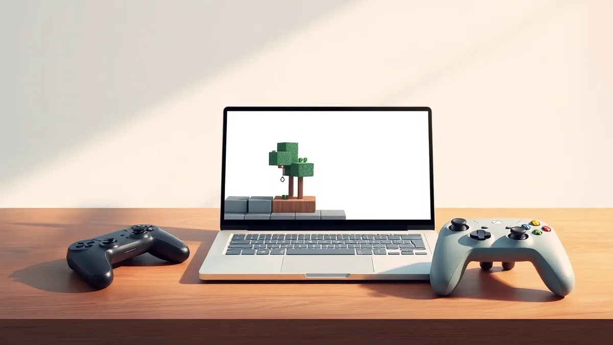 Illustration: A sleek laptop sits on a wooden desk next to a game controller.