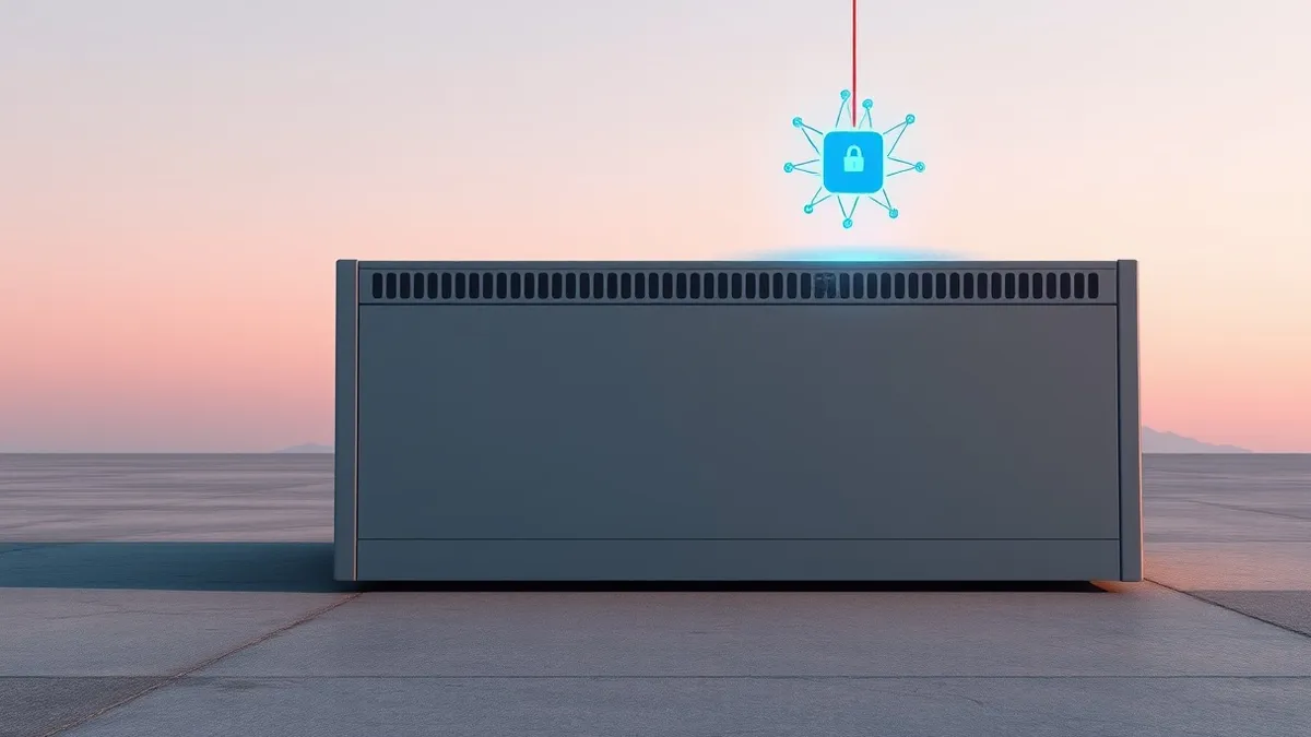 Illustration: A grey enterprise network appliance sits on a concrete floor with its front panel blank.
