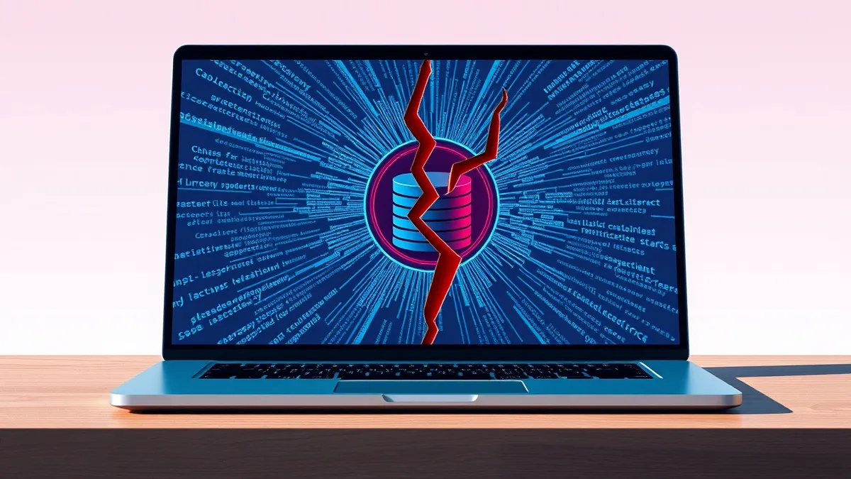 Illustration: A sleek laptop sits on a wooden desk with its screen displaying abstract blue code blocks flowing into a central database cylinder.