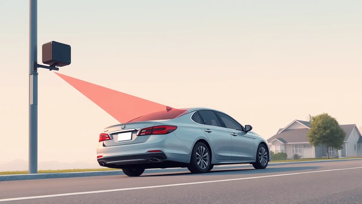 Illustration: A silver sedan drives past a tall metal pole topped with a black rectangular camera box.