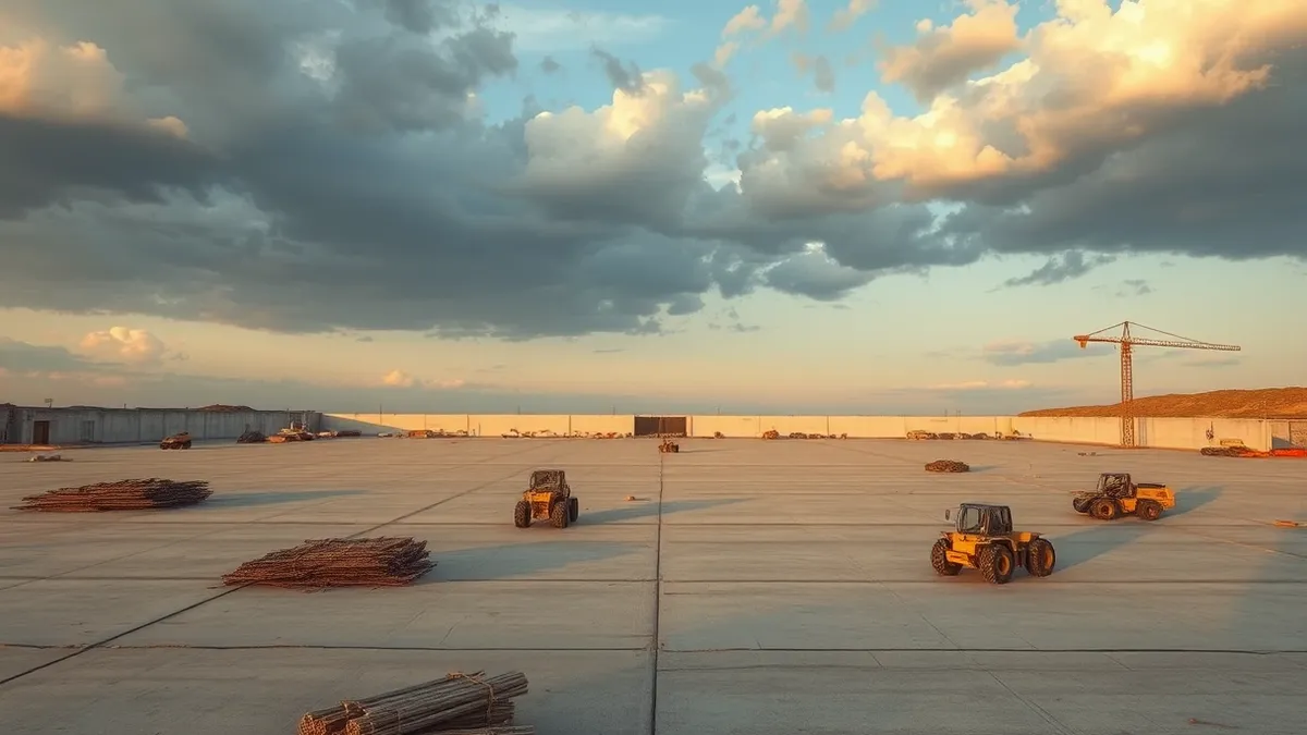 Illustration: A vast, empty concrete slab sits under a cloudy sky where a massive data center was supposed to rise.