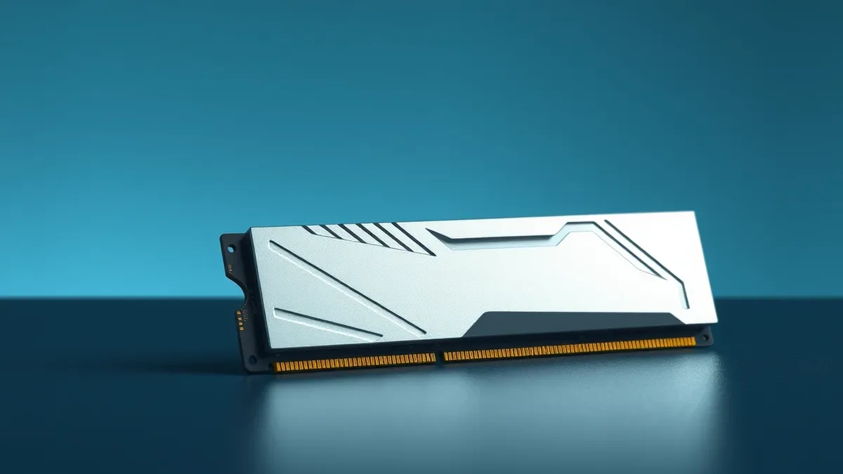 Illustration: A compact, silver computer memory module rests on a dark workbench.