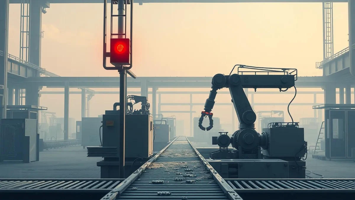 Illustration: A heavy steel assembly line sits idle in a dim factory.