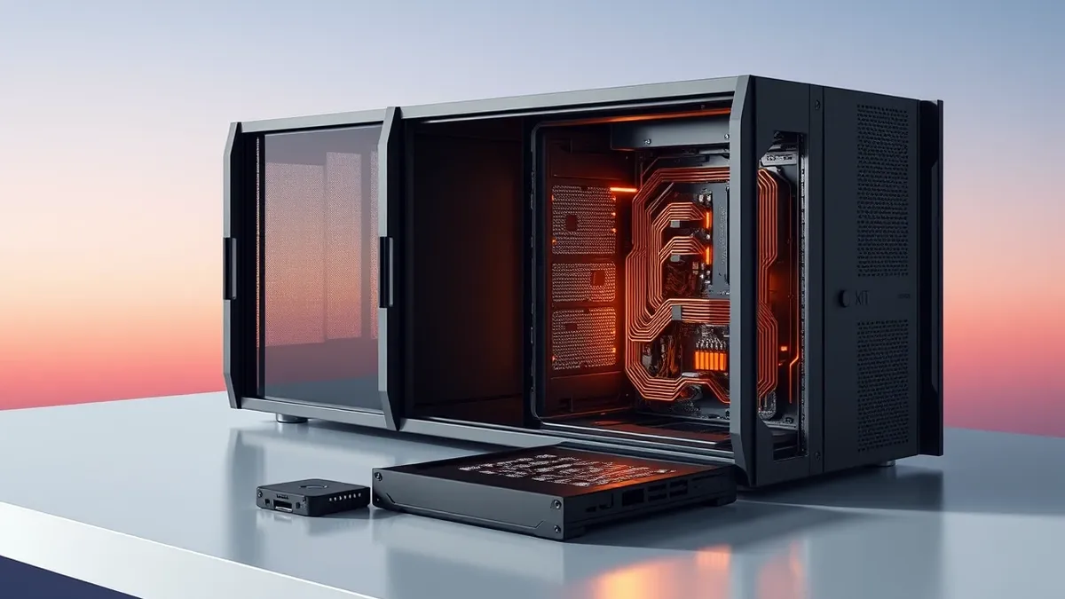 Illustration: A sleek black server unit sits on a clean white desk.