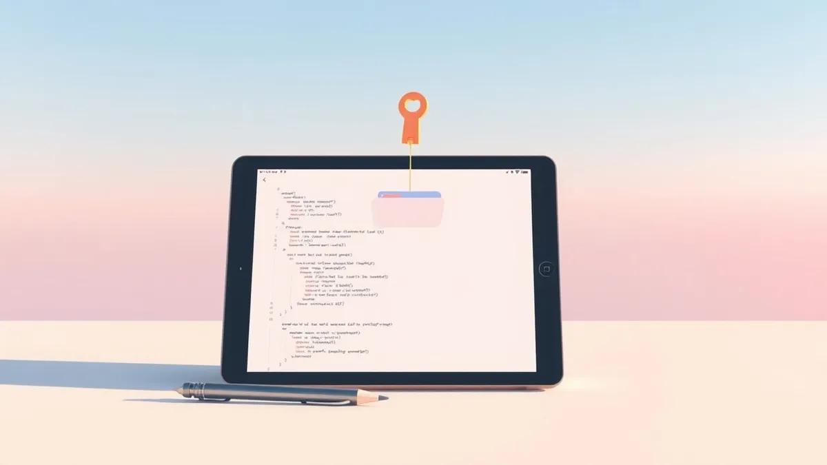 Illustration: A stylus rests beside a tablet displaying a blank code editor interface.