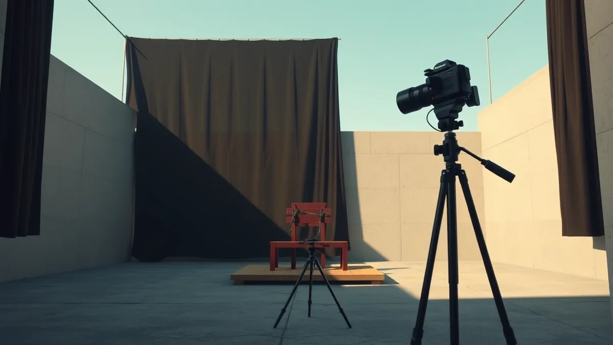 Illustration: A stark military courtyard features a wooden firing squad platform and a single tied chair under harsh daylight.