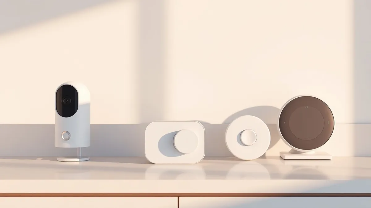 Illustration: A sleek white smart lock sits on a polished countertop beside a compact security camera and a circular thermostat.