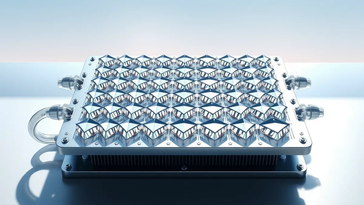 Illustration: A polished metal coldplate sits on a clean workbench, its surface embedded with large, translucent diamond wafers arranged in a precise grid.