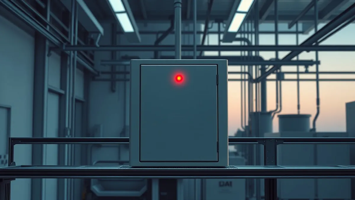 Illustration: A grey industrial control unit sits on a metal shelf in a dimly lit factory room.