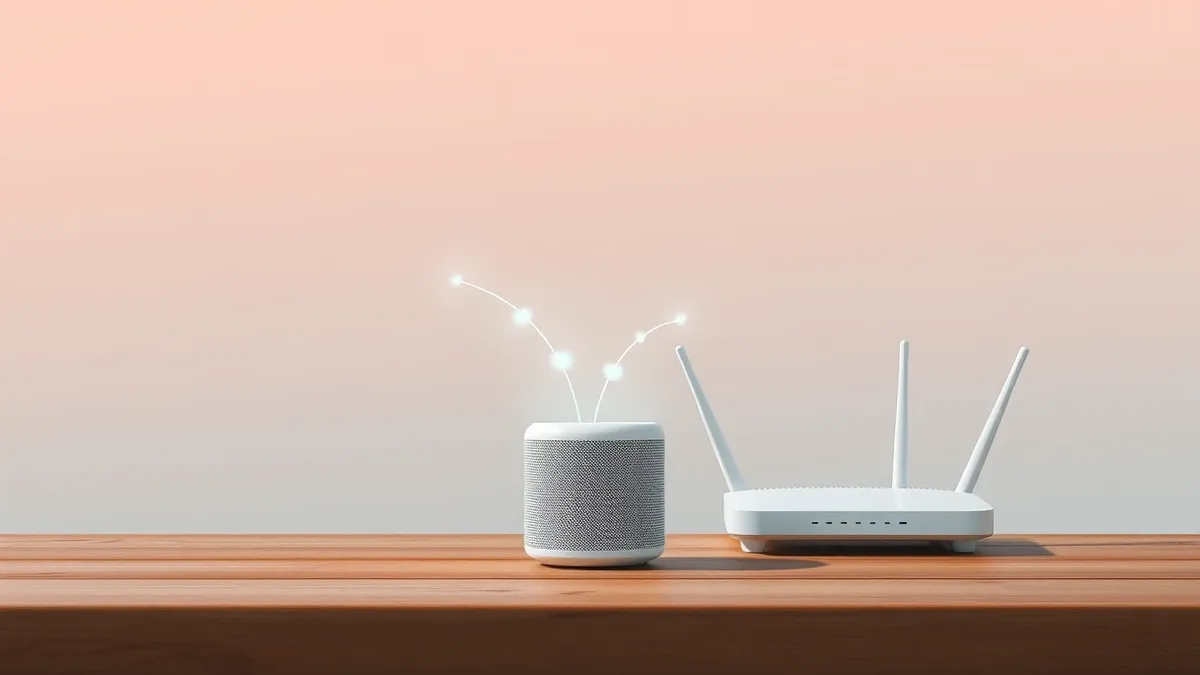 Illustration: A small white smart speaker sits on a wooden table.