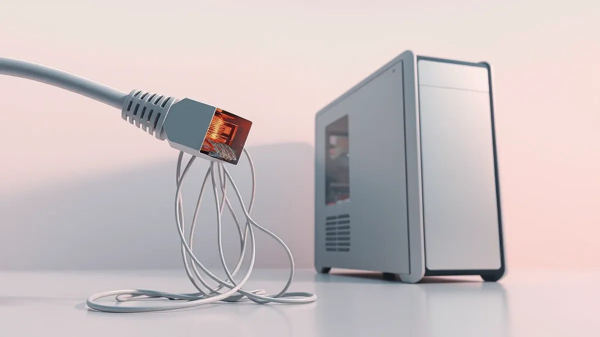 Illustration: A white network cable twists sharply, its plastic connector cracked open to reveal tangled wires spilling onto a sterile desk.