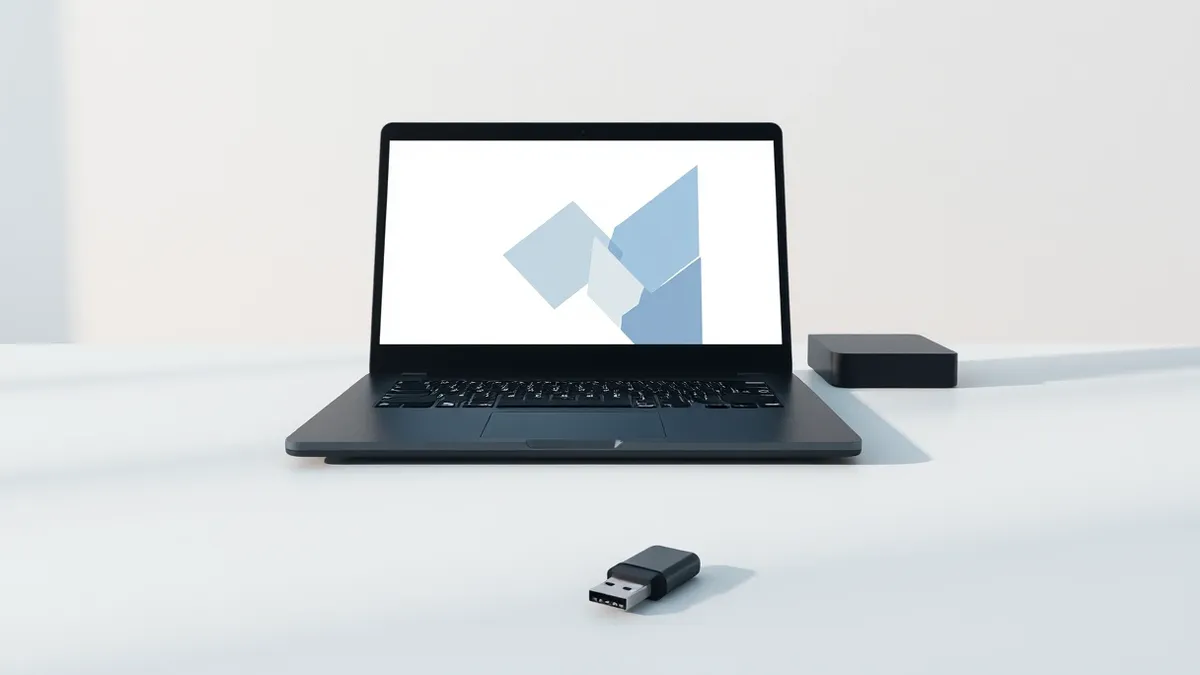 Illustration: A sleek black laptop sits on a sterile white desk with its screen displaying only abstract geometric shapes.