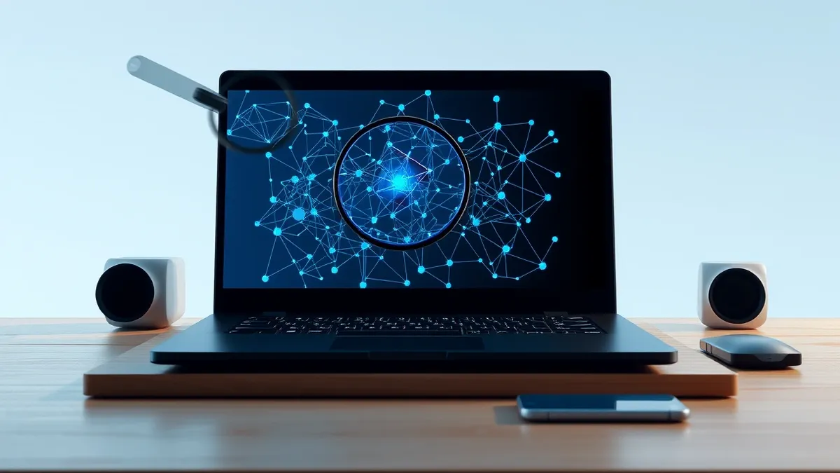 Illustration: A sleek black laptop sits on a wooden desk, its screen displaying complex geometric wireframes and abstract blue nodes.