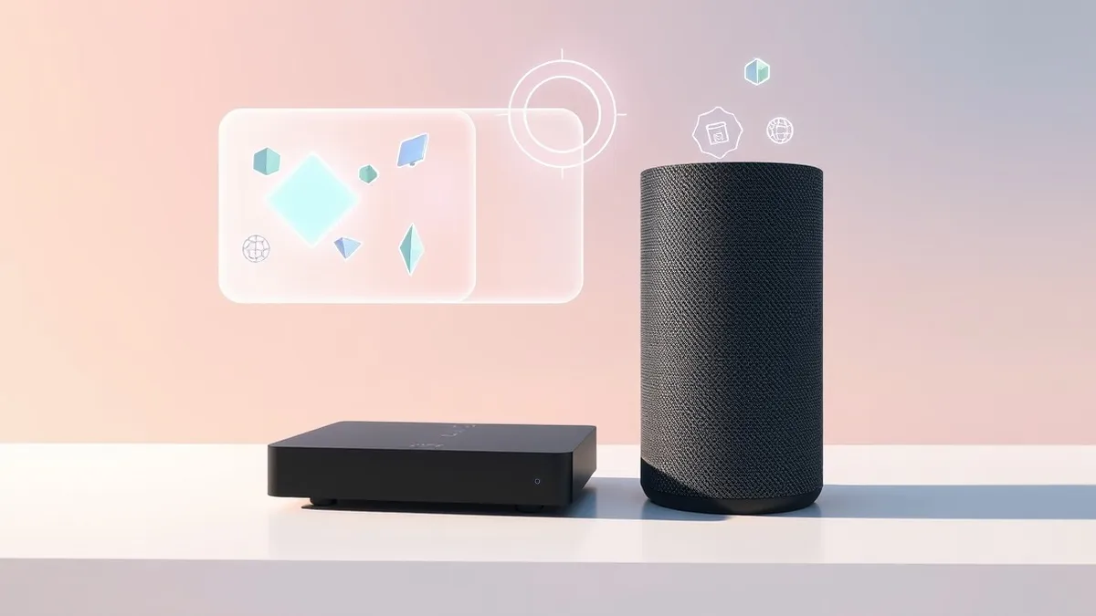 Illustration: A sleek black streaming media player and a cylindrical smart speaker sit side by side on a clean white surface.