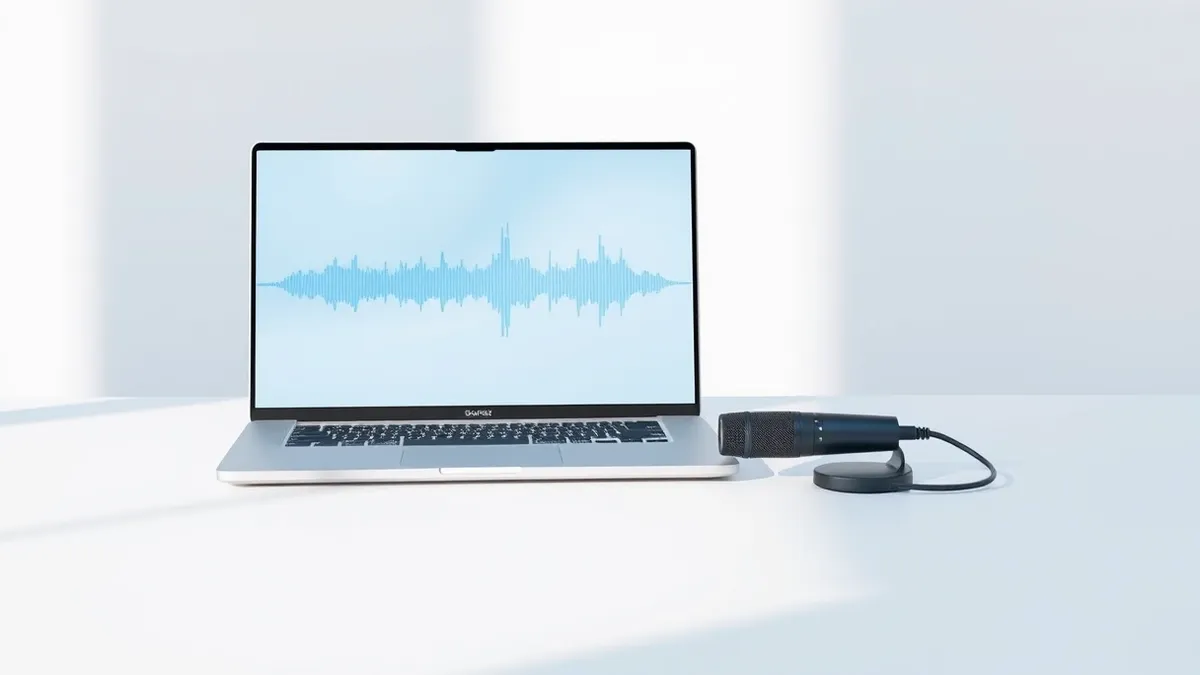 Illustration: A sleek silver laptop sits open on a clean white desk, its screen displaying a smooth, abstract sound wave visualization in soft blue tones.