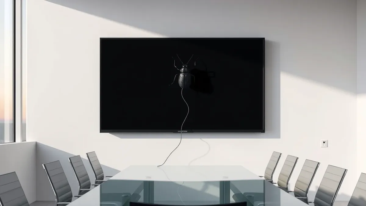 Illustration: A small black bug hides behind the frame of a flat-screen television mounted on a white wall in a modern conference room.