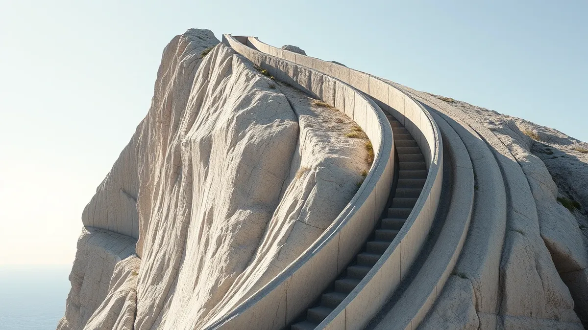 Illustration: Sunlight glints off deep, parallel grooves carved into a weathered limestone cliffside on a Mediterranean island.