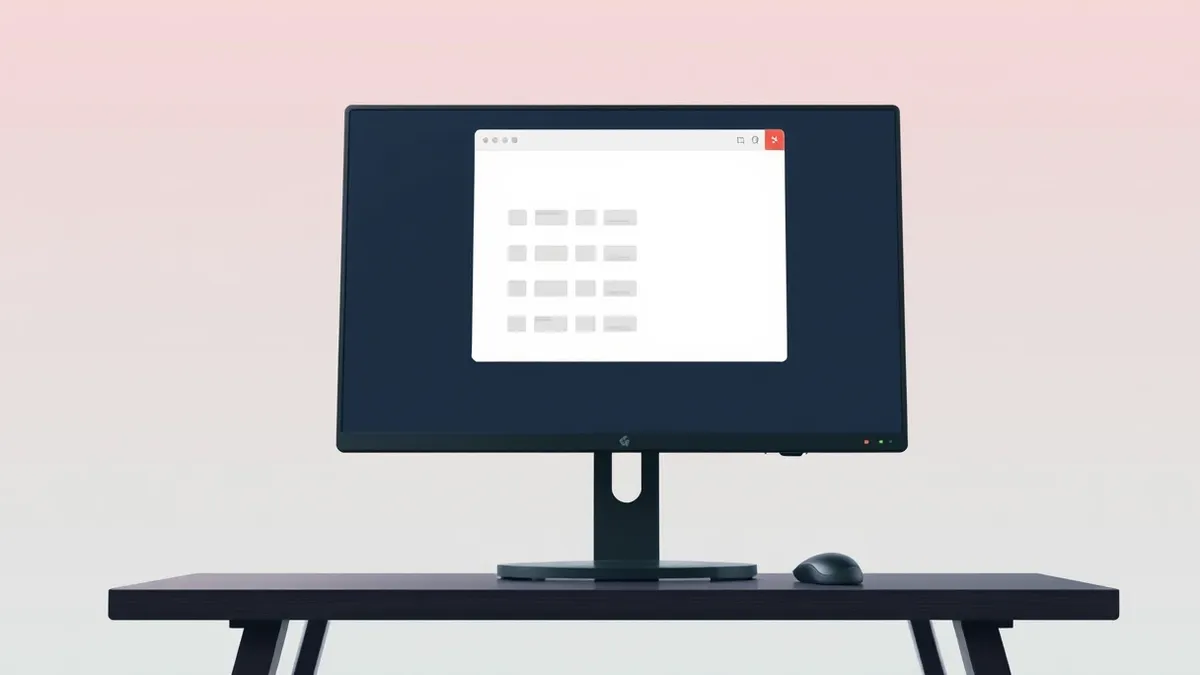 Illustration: A single computer monitor sits on a dark desk, displaying a blank white browser window with a list of small gray rectangular blocks stacked vertically.