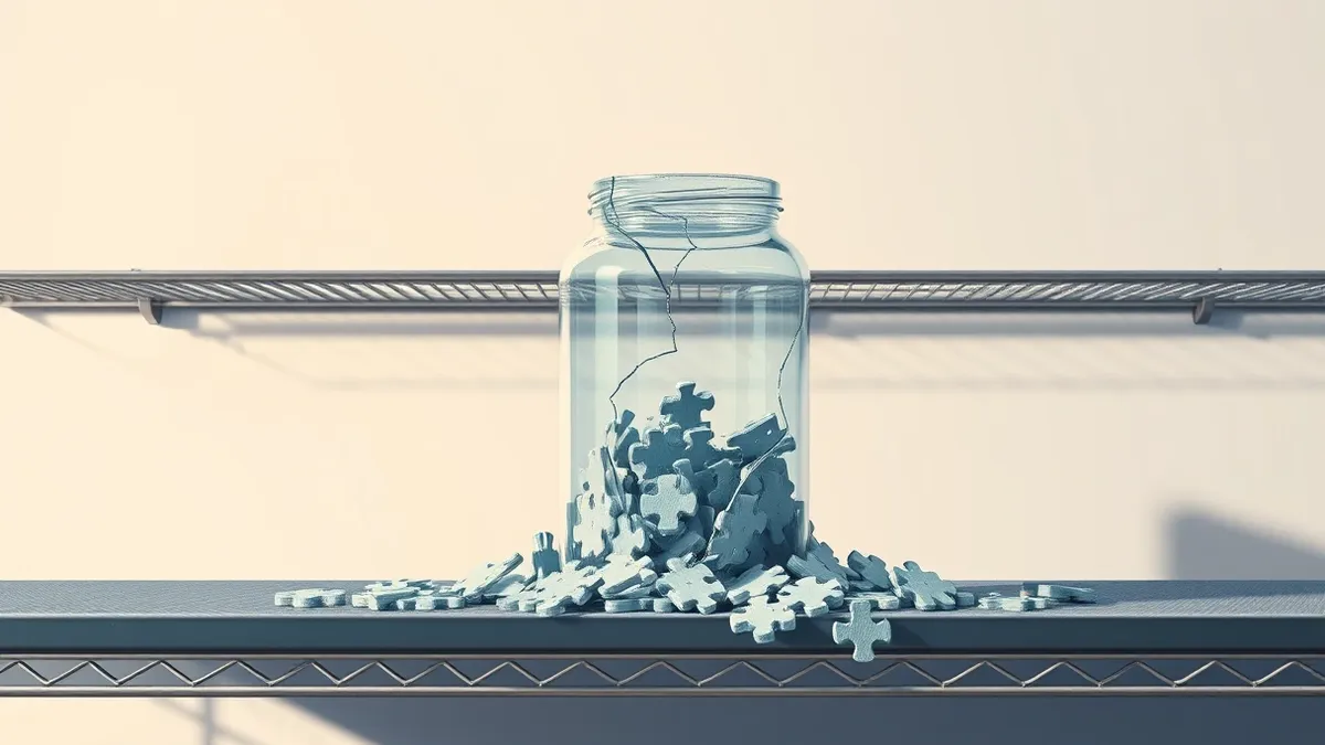 Illustration: A cracked glass jar sits on a metal shelf, spilling scattered, mismatched puzzle pieces onto the floor.