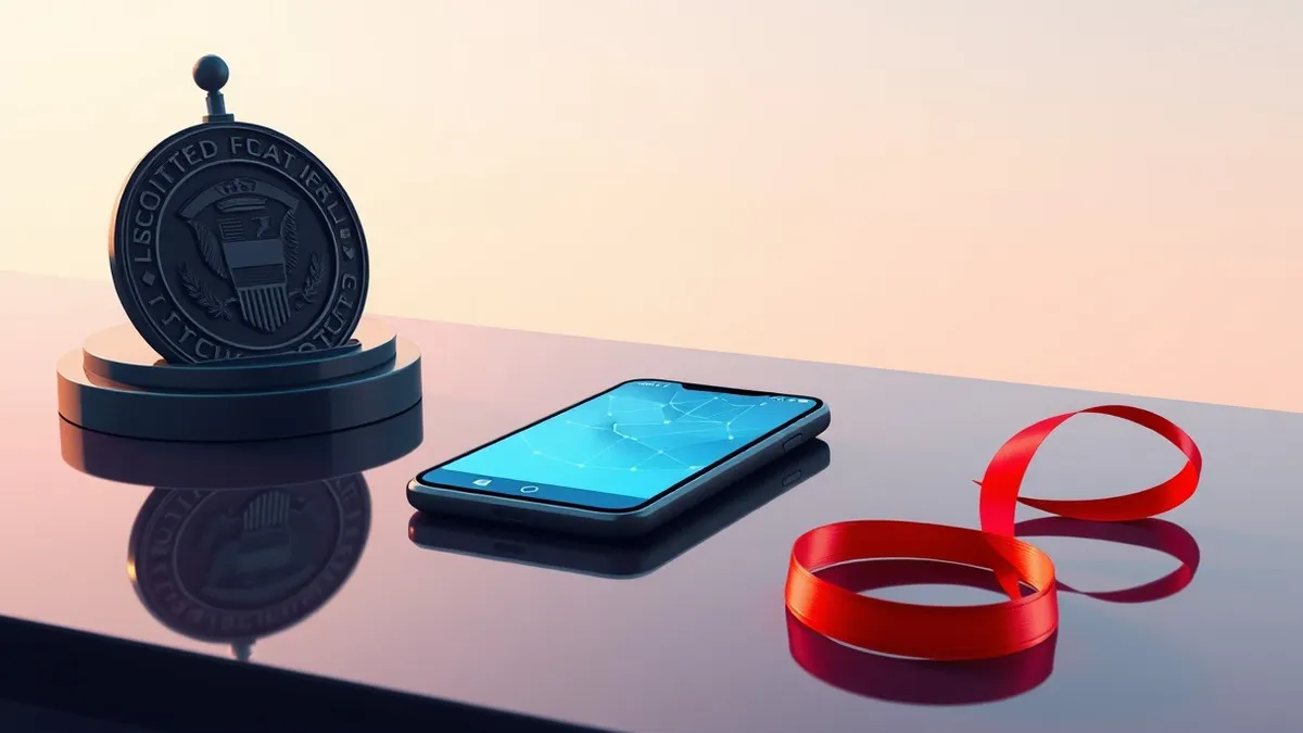 Illustration: A sleek black government seal rests on a polished desk next to a modern smartphone displaying abstract geometric shapes.