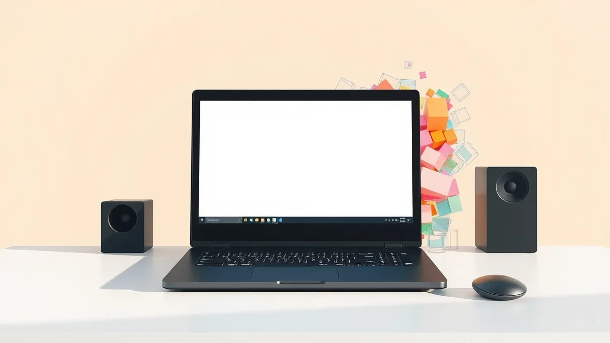 Illustration: A sleek black laptop sits on a clean white desk, its screen displaying blank application windows.
