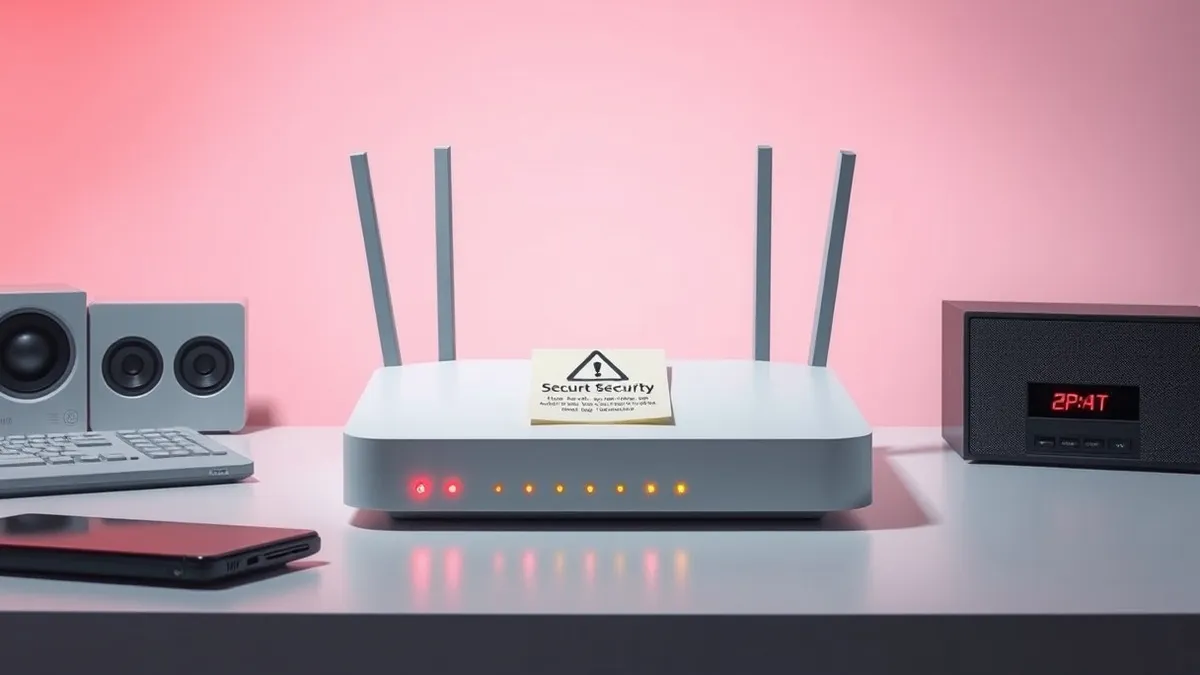 Illustration: A generic white networking router sits on a clean desk, its status lights glowing red and orange.