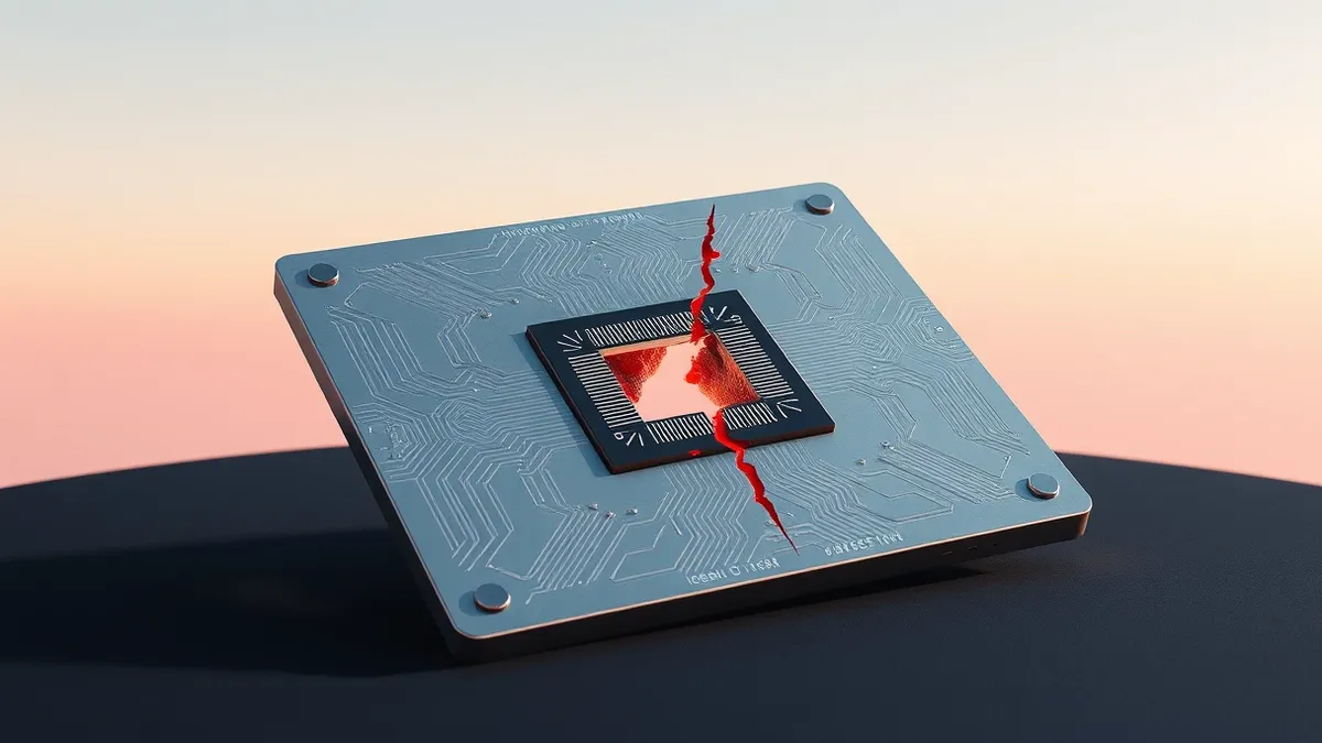 Illustration: A sleek, metallic rectangular chip rests on a dark surface, its surface etched with complex circuit patterns.