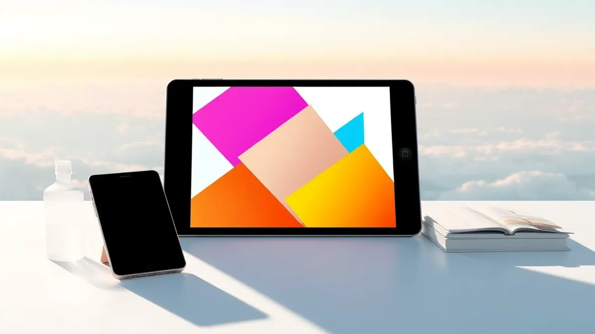 Illustration: A sleek tablet device rests on a clean white surface, its screen displaying vibrant abstract geometric shapes in bright primary colors to showcase the new e-paper dis