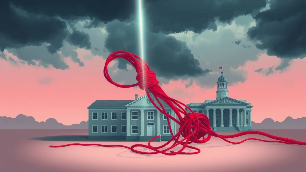 Illustration: A tangled knot of red digital threads wraps tightly around a generic schoolhouse and a government building.