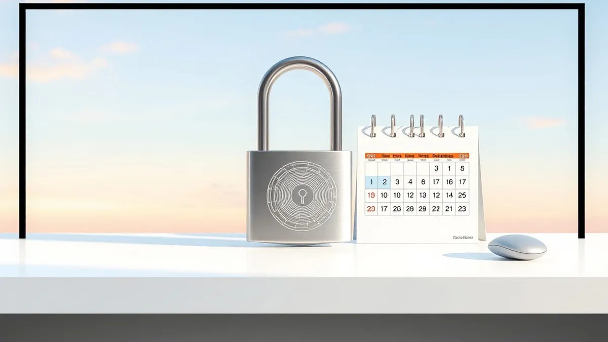 Illustration: A sleek silver padlock sits on a clean white desk next to a calendar page marked with a short duration bar.