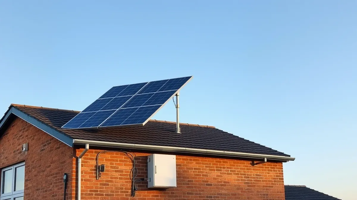 Illustration: A row of dark photovoltaic panels sits tilted on a residential roof against a clear blue sky, with silver wiring connecting them to a blank inverter box mounted on th
