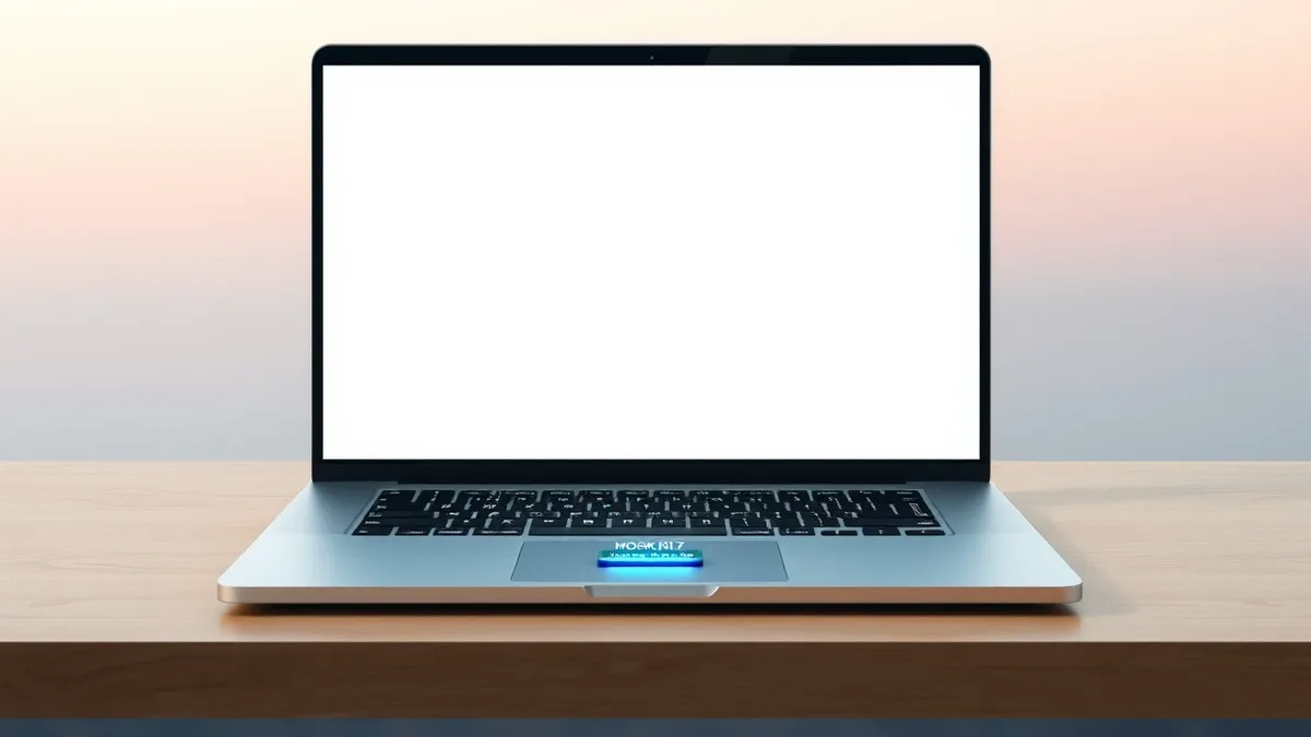 Illustration: A sleek silver laptop sits open on a clean wooden desk.